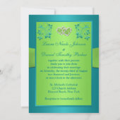 Turquoise, Lime Floral Joined Hearts Invitation 2 (Back)