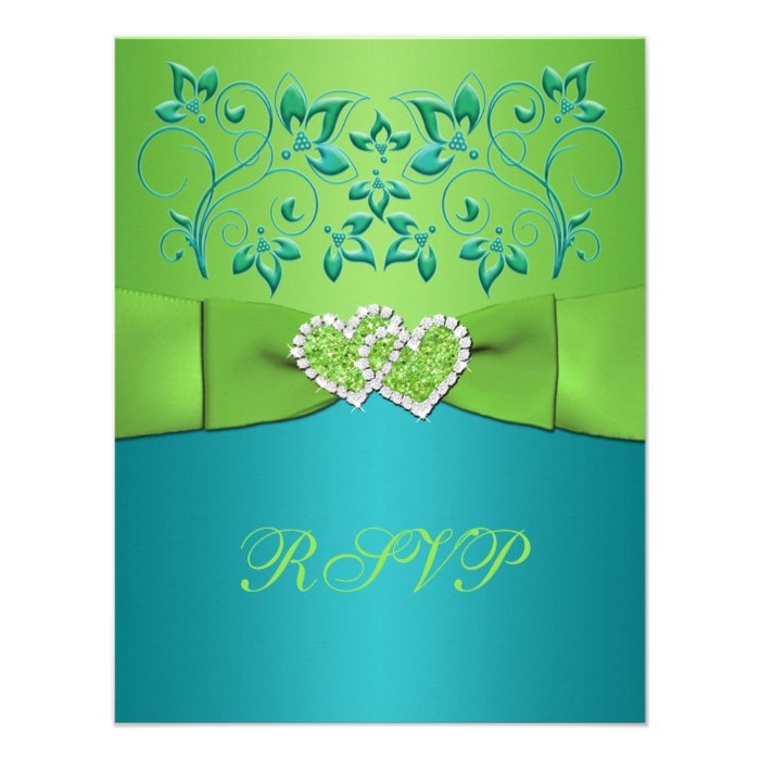 Turquoise, Lime Floral Joined Hearts RSVP Card