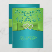 Turquoise, Lime Floral Joined Hearts RSVP Card (Front/Back)