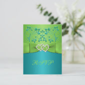 Turquoise, Lime Floral Joined Hearts RSVP Card (Standing Front)