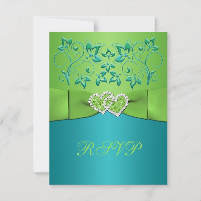 Turquoise, Lime Floral Joined Hearts RSVP Card (Front)