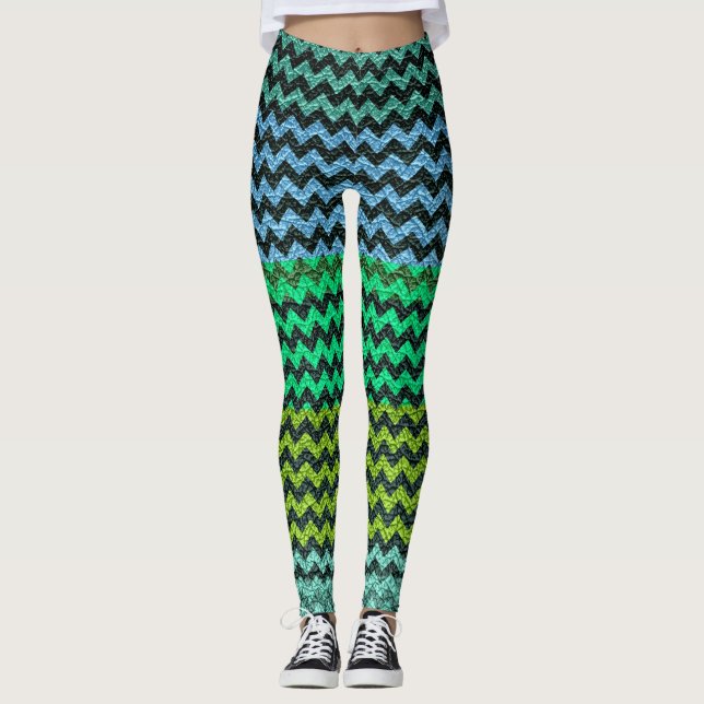 Turquoise Lime Mint Chevron Modern Leather Leggings (Front)