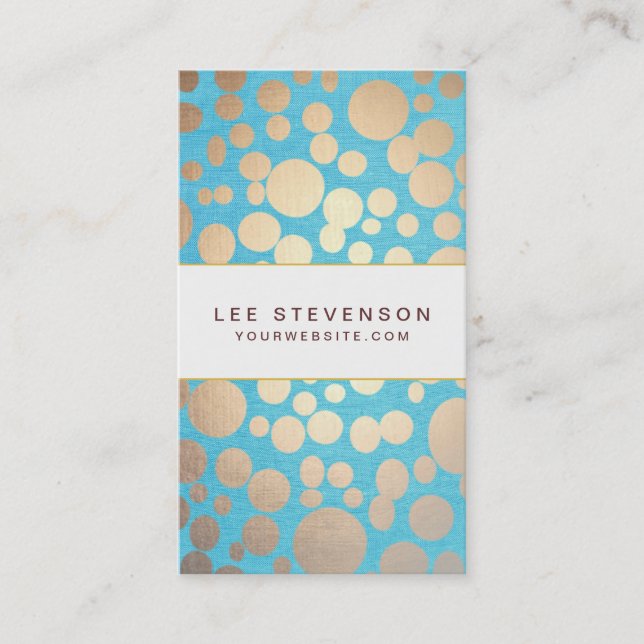Turquoise Linen and Gold Circles Look Beauty Salon Business Card (Front)
