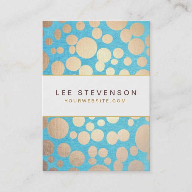 Turquoise Linen and Gold Circles Look Beauty Salon Business Card (Front)