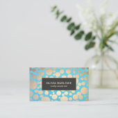 Turquoise Linen Gold Circles Look Beauty Salon 2 Business Card (Standing Front)