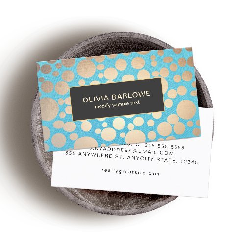 Customizable Turquoise Linen Gold Circles Look Beauty Salon 2 Business Card