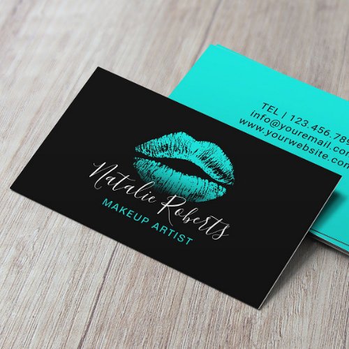 Turquoise Lips Makeup Artist Plain Black Salon Business Card