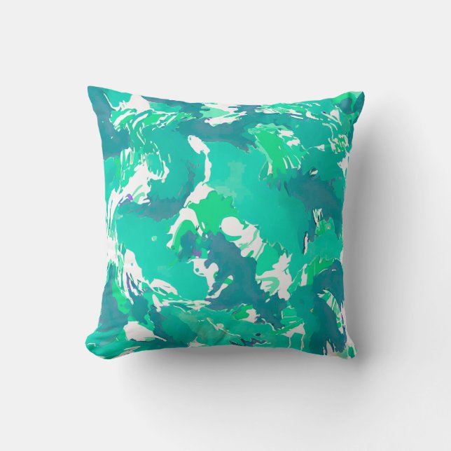 Turquoise liquid abstract pattern and white  throw pillow (Front)
