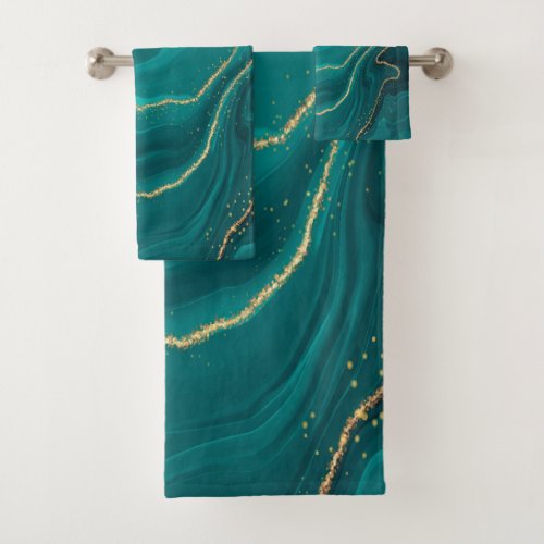 Turquoise liquid marble background with gold bath towel set