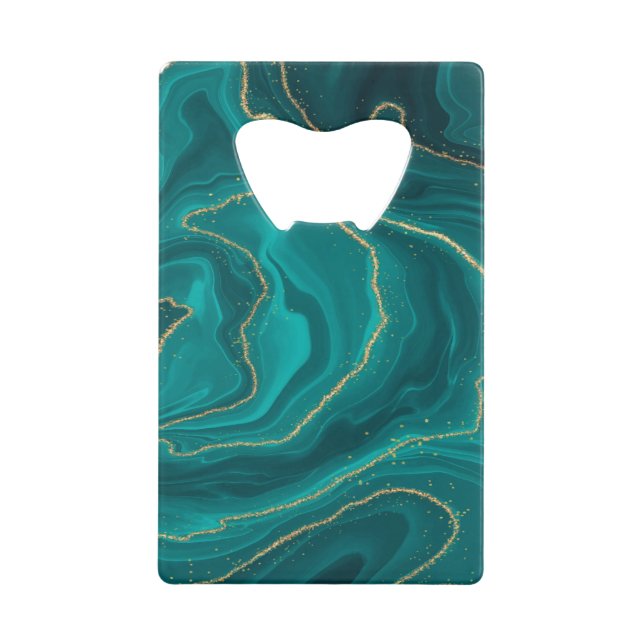 Turquoise liquid marble background with gold credit card bottle opener (Front)