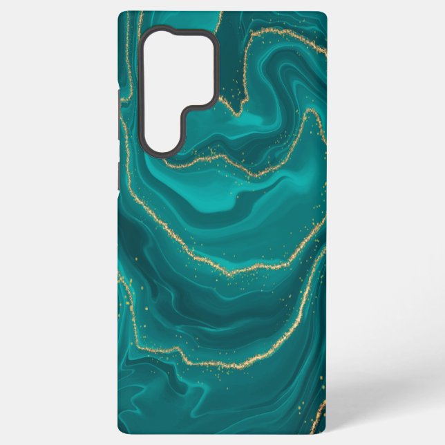 Turquoise liquid marble background with gold samsung galaxy case (Back)