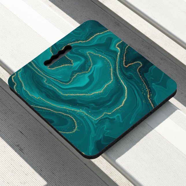 Turquoise liquid marble background with gold seat cushion (In Situ)