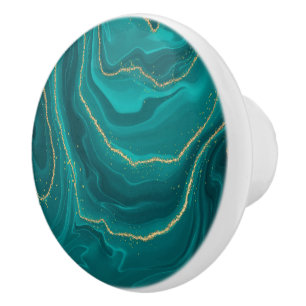 Turquoise liquid marble gold accent ceramic knob