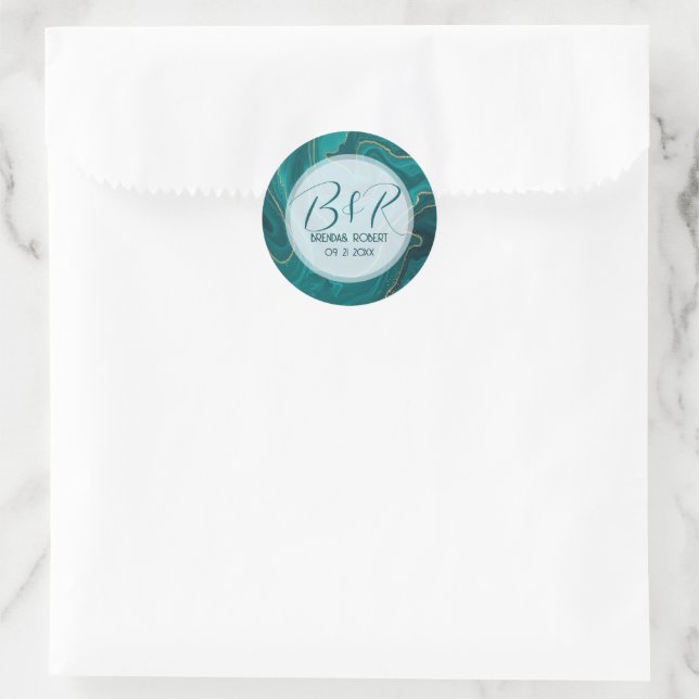 Turquoise liquid marble gold accent classic round sticker (Bag)