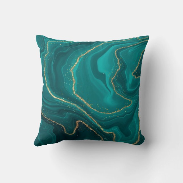 Turquoise Liquid Marble Throw Pillow (Back)