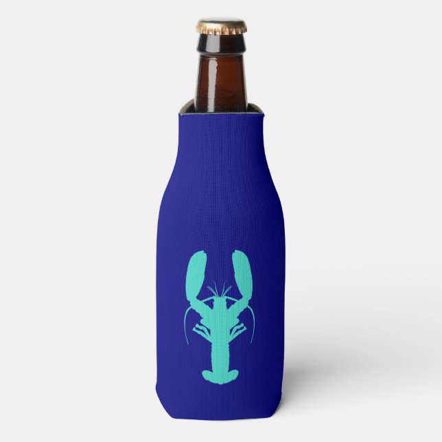 Turquoise Lobster On Navy Blue Coastal Decor Bottle Cooler (Bottle Front)