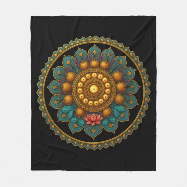 Turquoise Lotus Mandala - Black Boho Graphic Art Fleece Blanket (Front)