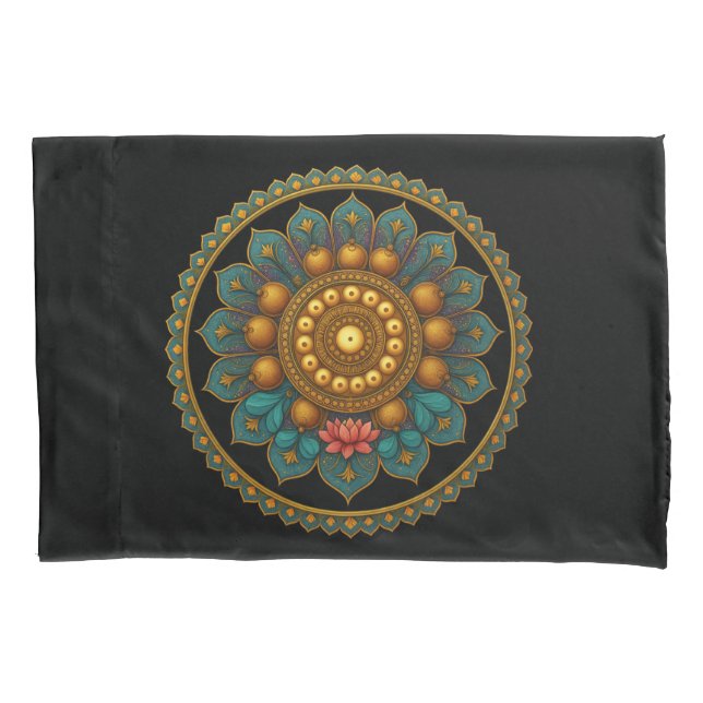 Turquoise Lotus Mandala - Reversible Black Boho Pillow Case (Front)