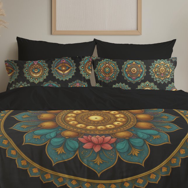 Turquoise Lotus Mandala - Reversible Black Boho Pillow Case (Creator Uploaded)
