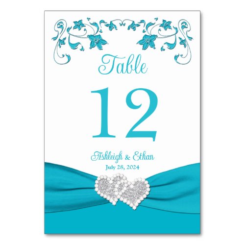 Turquoise Love Hearts Wedding Table Number Card