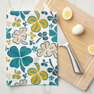 Turquoise Lucky 4 Leaves Shamrocks Clover Pattern Kitchen Towel