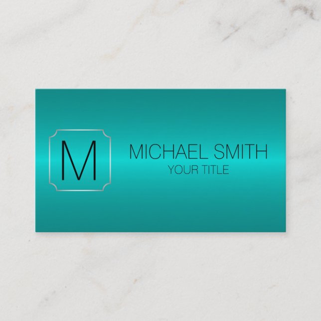 Turquoise Luxury Stainless Steel Metal Monogram Business Card (Front)