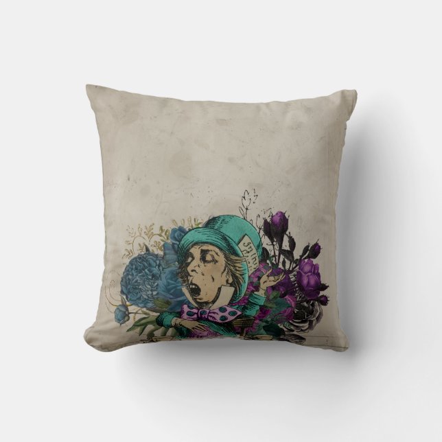 Turquoise Mad Hatter Alice in Wonderland Throw Pillow (Front)