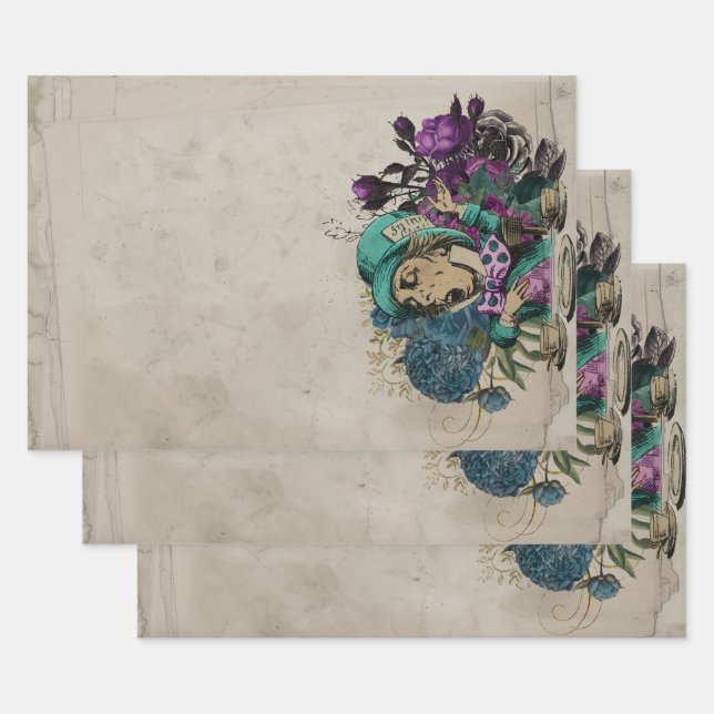 Turquoise Mad Hatter Alice in Wonderland Wrapping Paper Sheets (Set)