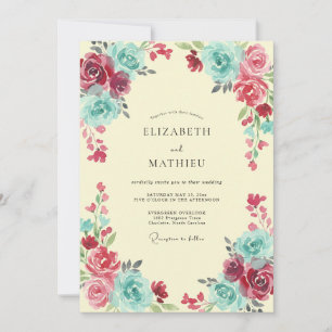 Turquoise Magenta Painted Wedding Invitation