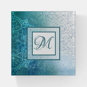 Turquoise Mandala and White Monogrammed Paperweight