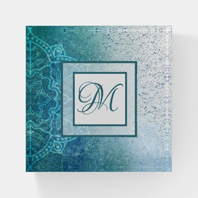 Turquoise Mandala and White Monogrammed Paperweight (Front)