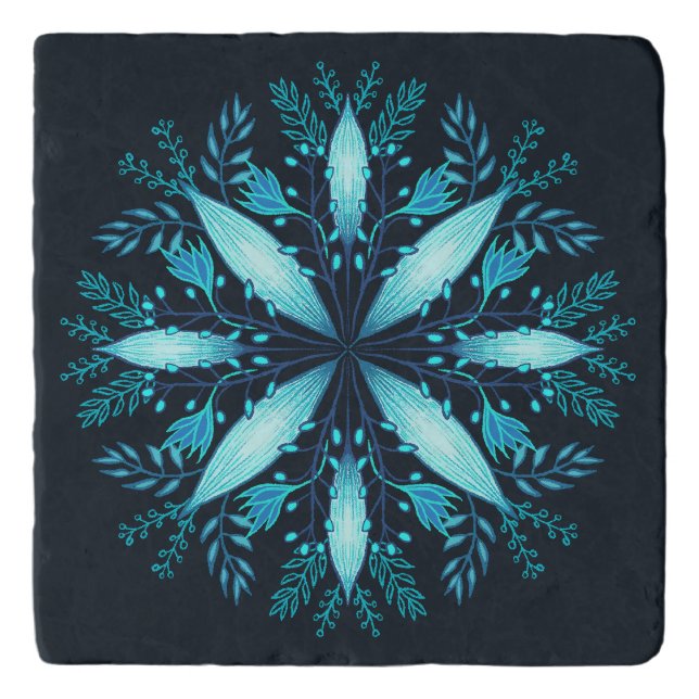 Turquoise Mandala - Blue Winter Snowflake Flower Trivet (Front)