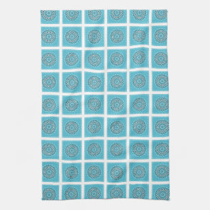 Turquoise Mandala Kaleidoscope Circle white border Kitchen Towel