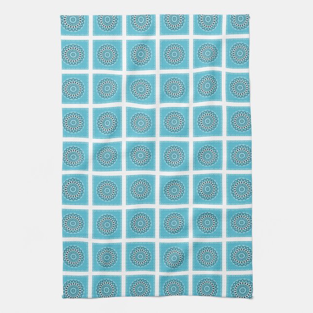 Turquoise Mandala Kaleidoscope Circle white border Kitchen Towel (Vertical)