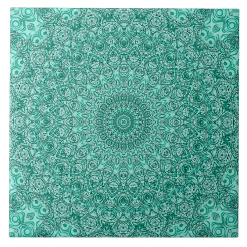 Turquoise Mandala Kaleidoscope Medallion Flower Ceramic Tile