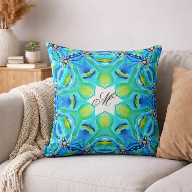 Turquoise Mandala Monogram Pattern Blue Green Art Throw Pillow (Creator Uploaded)