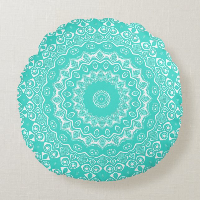 Turquoise Mandala Pattern Round Pillow (Front)