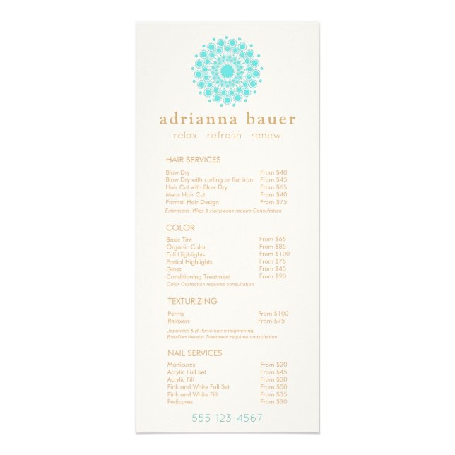 Turquoise Mandala Spa Salon Price List Menu (Front)