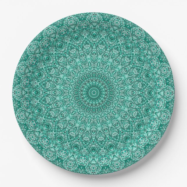 Turquoise Mandala with Intricate Symmetry Paper Plates (Front)