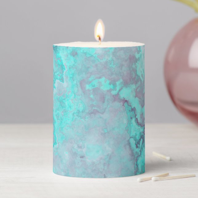 Turquoise Marble Abstract Pillar Candle (In Situ)
