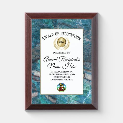 Turquoise Marble Custom Logo Award of Recognition
