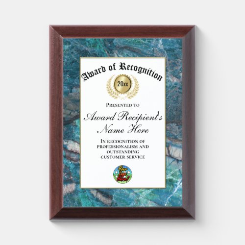 Turquoise Marble Custom Logo Award of Recognition