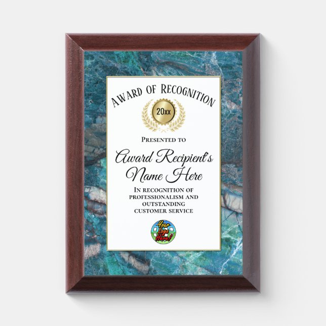 Turquoise Marble Custom Logo Award of Recognition Plaque (Vertical)