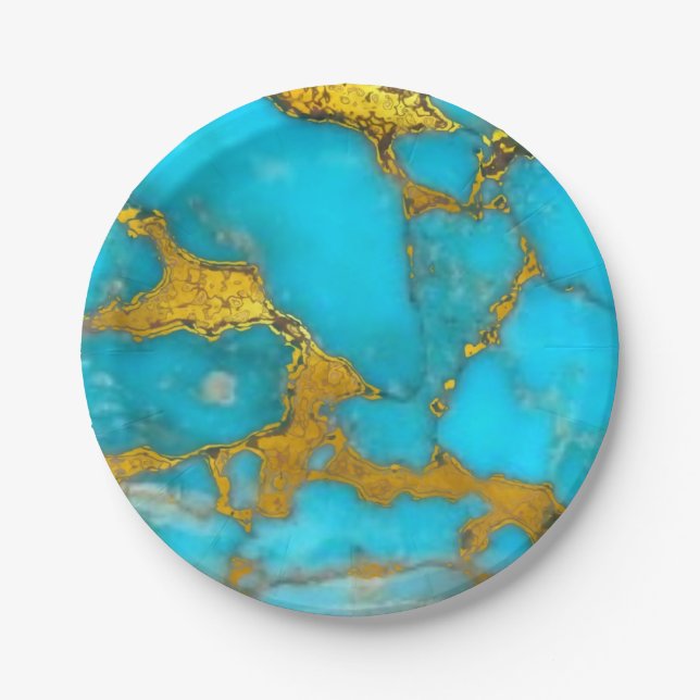 Turquoise Marble GOLD Glitter - ADD Initials Paper Plates (Front)