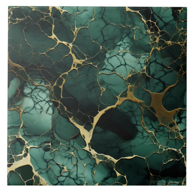 Turquoise Marble, Gold Veins, Seamless Elegance Ceramic Tile (Front)