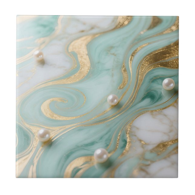 Turquoise Marble Pearl Gold Swirl Ceramic Tile (Front)