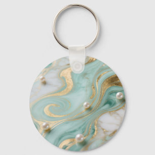 Turquoise Marble Pearl Gold Swirl Keychain
