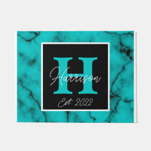 Turquoise Marble Sophisticated monogram name year Doormat