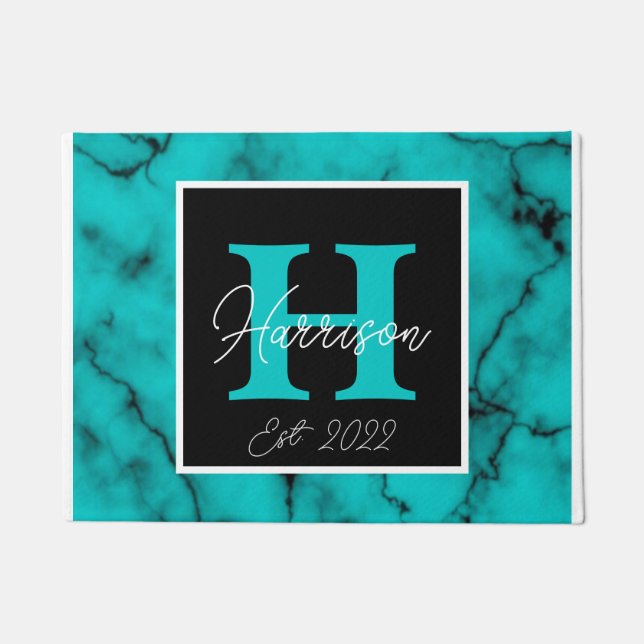 Turquoise Marble Sophisticated  monogram name year Doormat (Front)