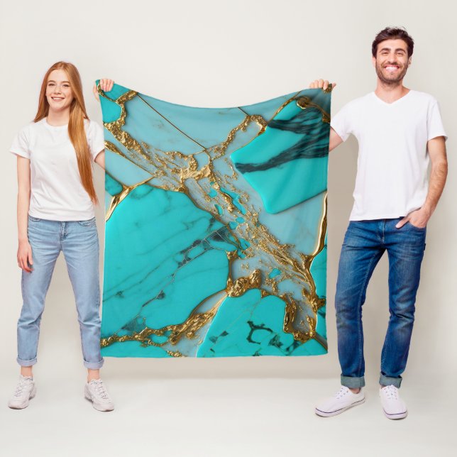 Turquoise Marble with Golden Veins Fleece Blanket (In Situ)